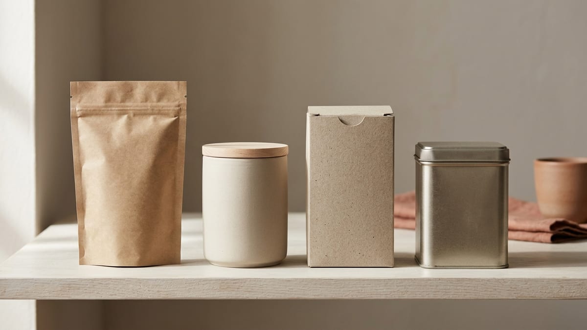 Four unlabeled tea pouches in different formats aligned in a row on a pale shelf