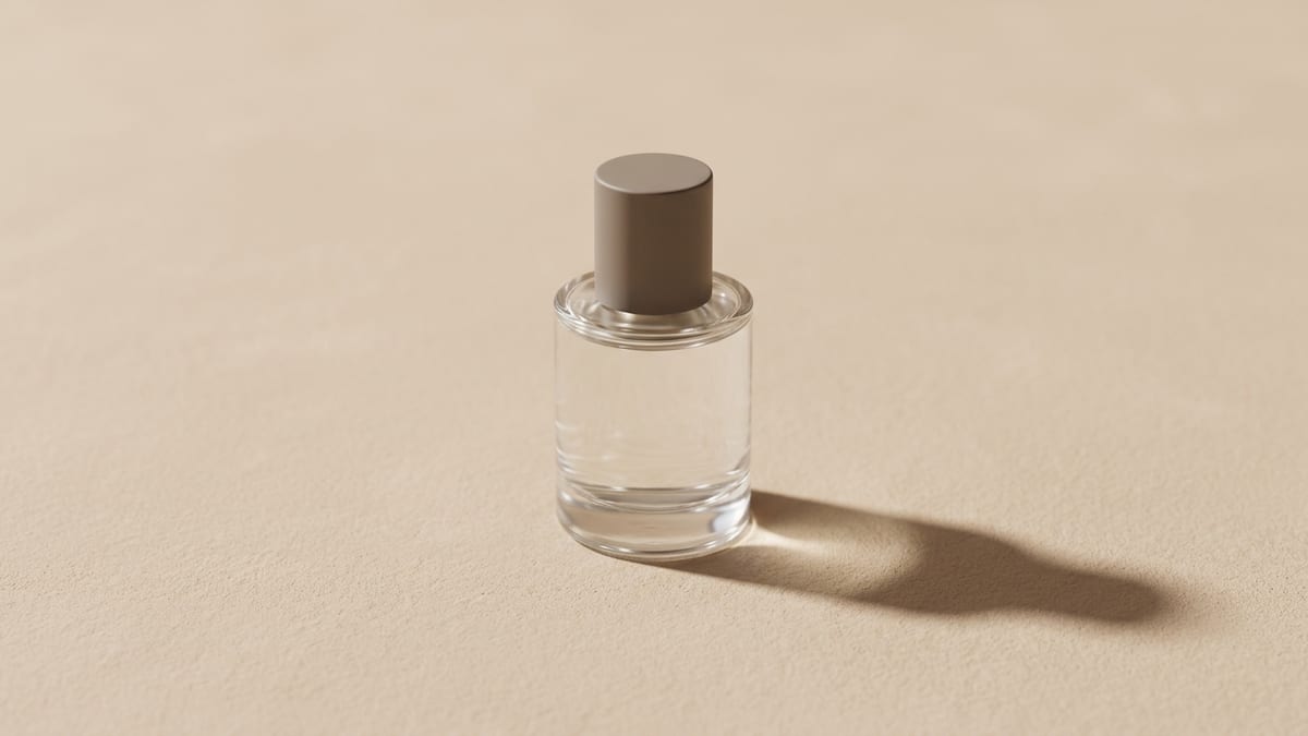 A plain unlabeled glass fragrance bottle with a matte cap on a soft sand coloured surface