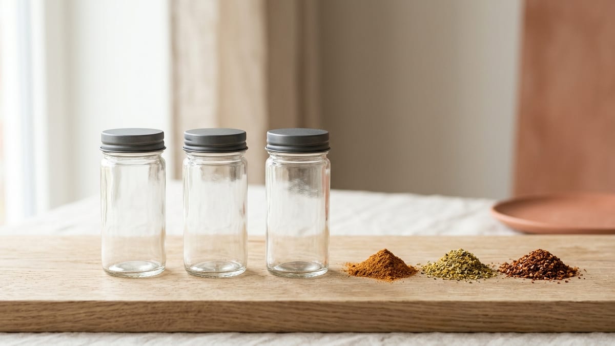 Three unlabeled spice jars beside small mounds of ground seasoning on warm wood