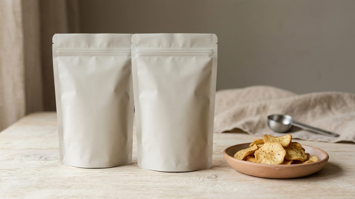 Plain unlabeled snack pouches standing upright beside a shallow dish of loose product