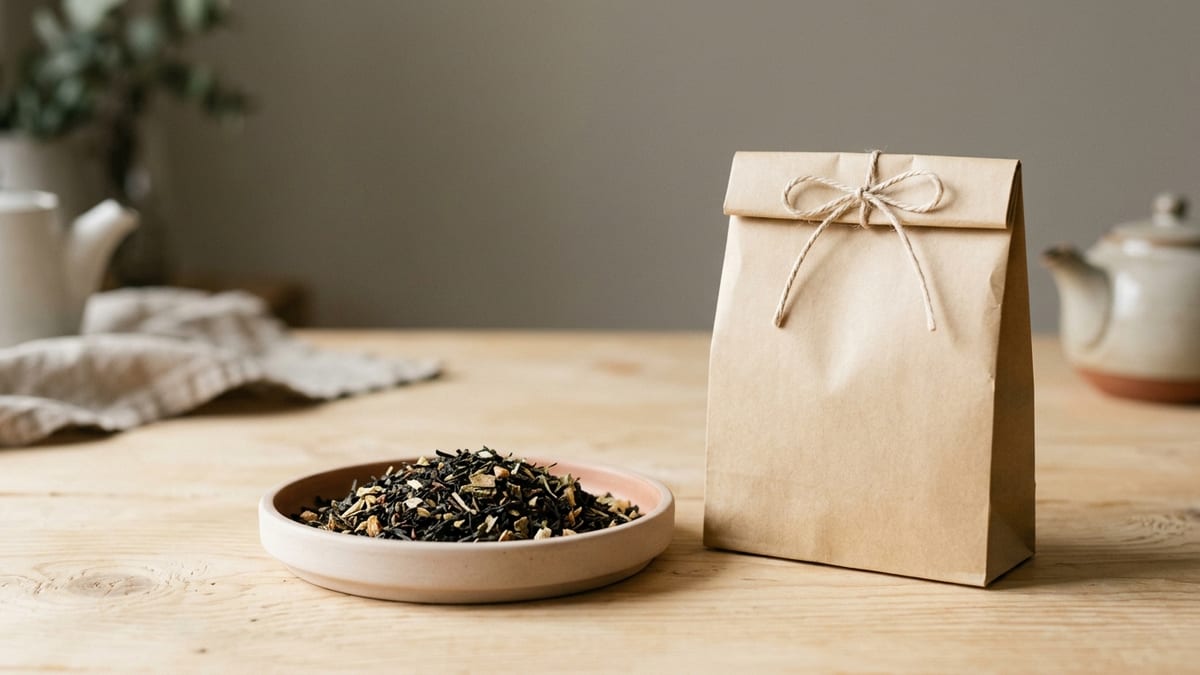 A shallow ceramic dish of loose leaf tea beside a plain kraft pouch on pale wood